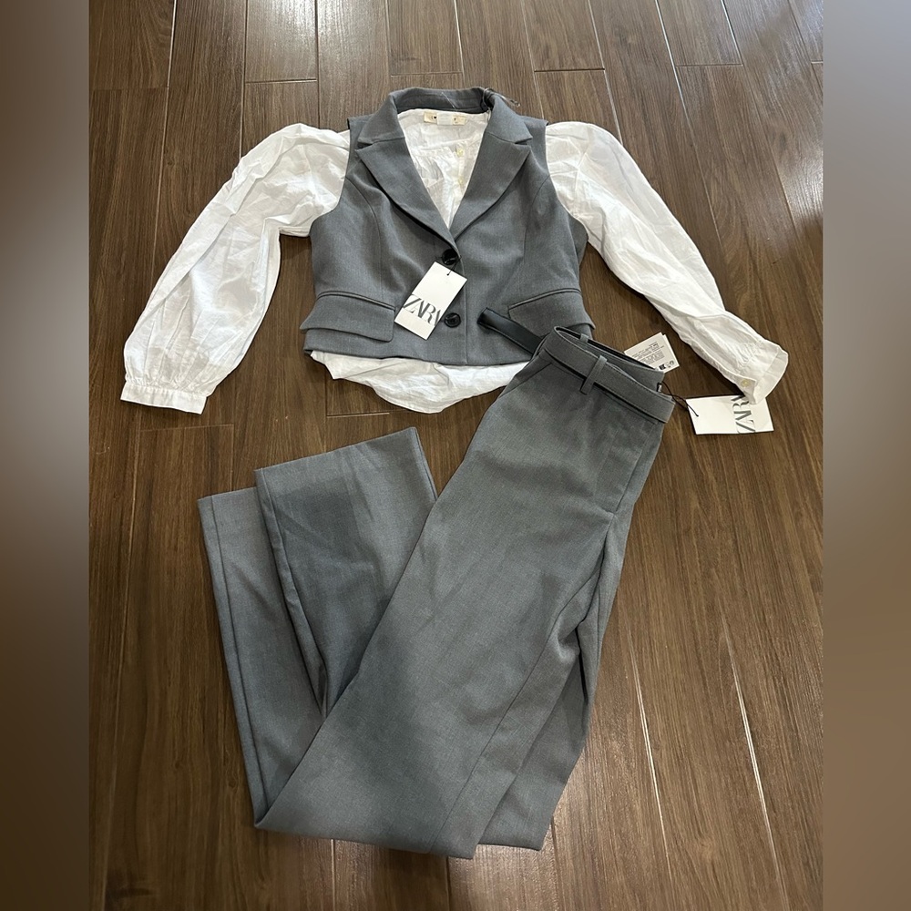 Zara gray vest and belted pants suit